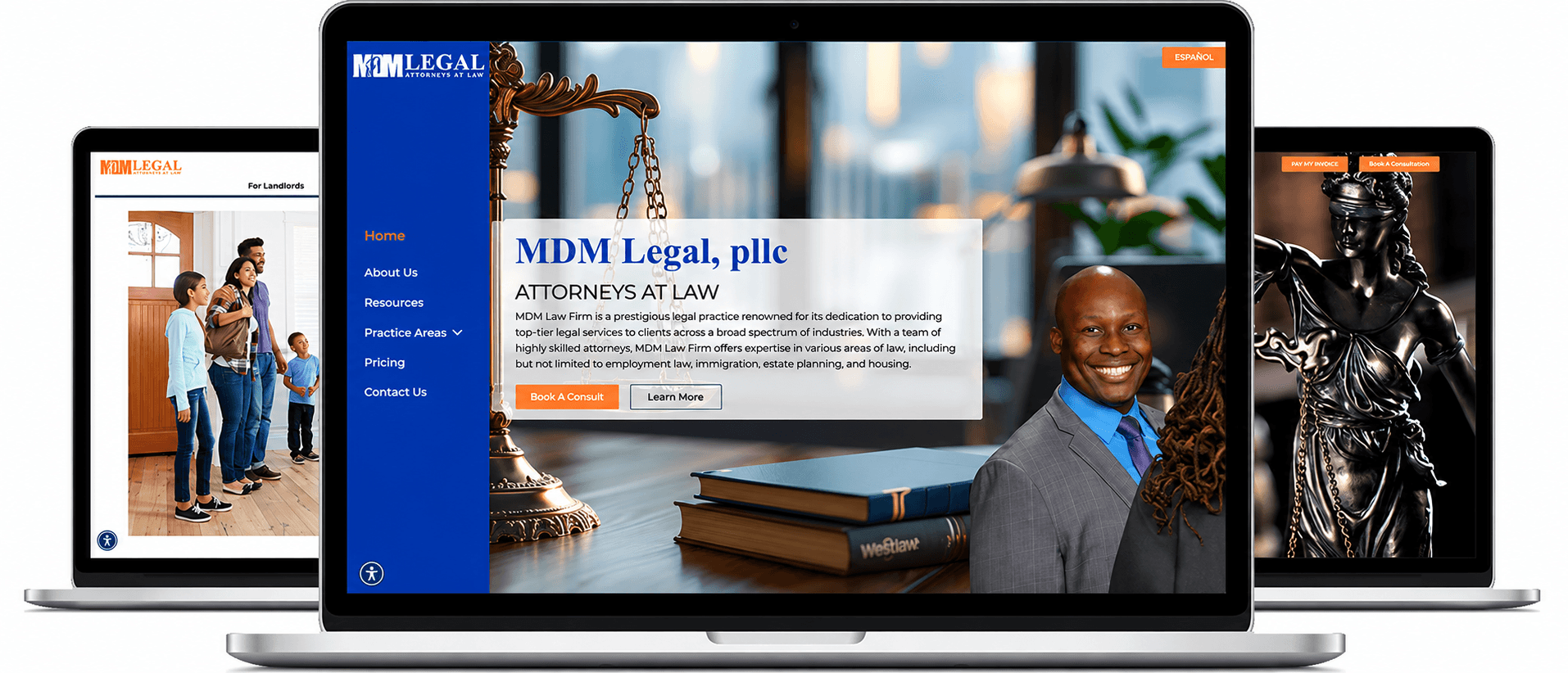 MDM Legal PLLC website designed and built by WebAnts — homepage, practice area pages, and bilingual layout across desktop and tablet